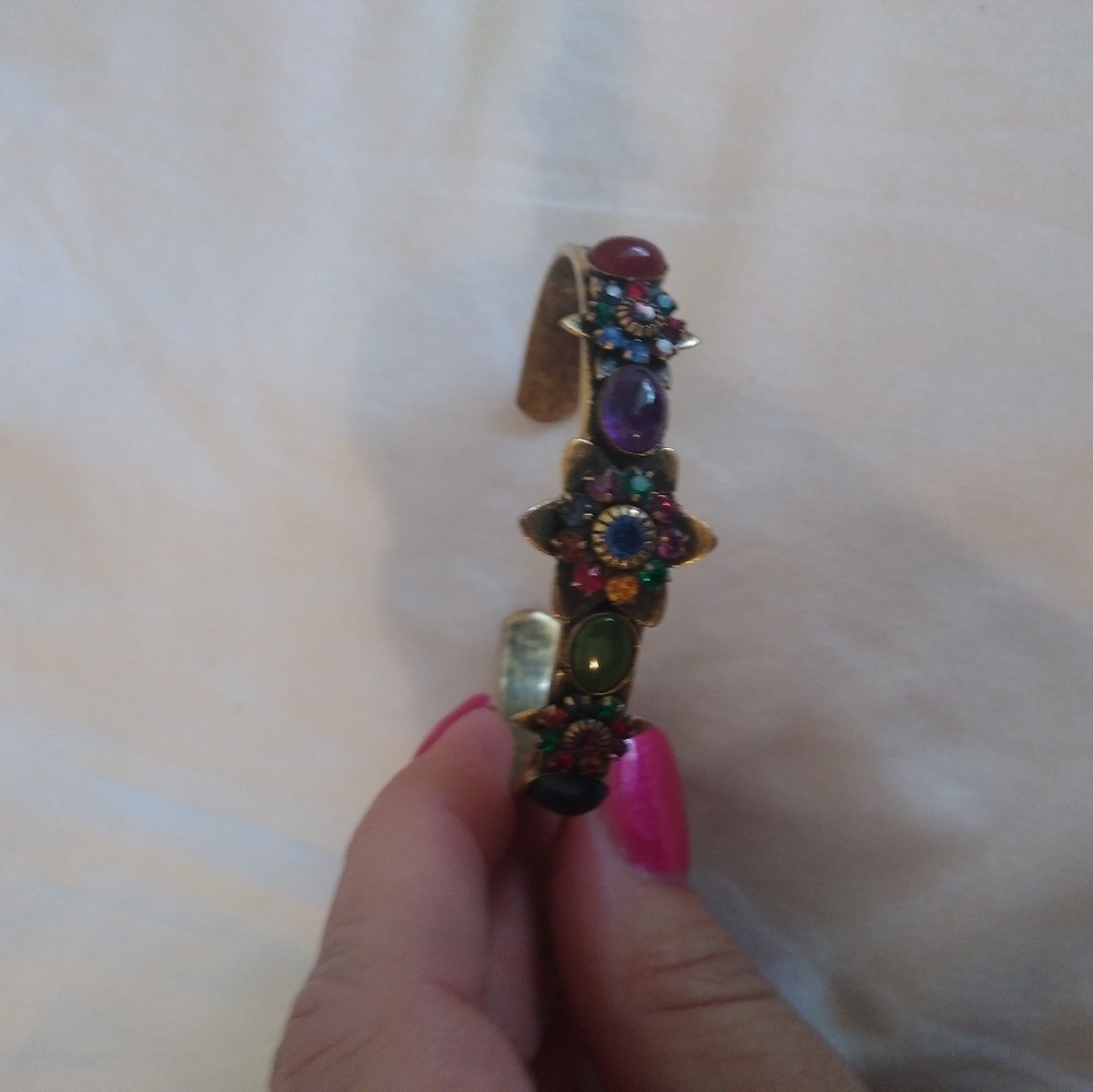 Vintage Mary DiMarco Antiqued Gold Cuff Bracelet with Blue, Green and Red Stones